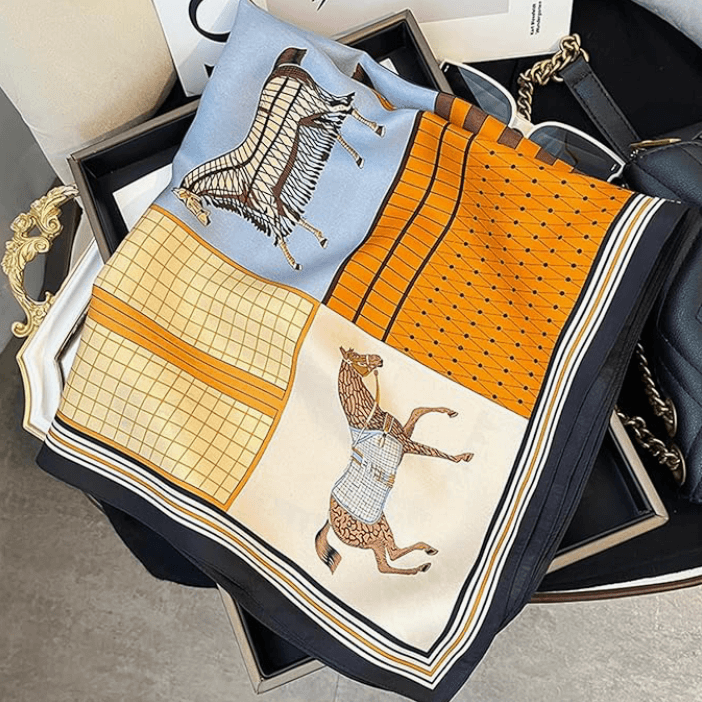 Vintage Luxe Satin Scarf featuring equestrian patterns in a stylish square design.
